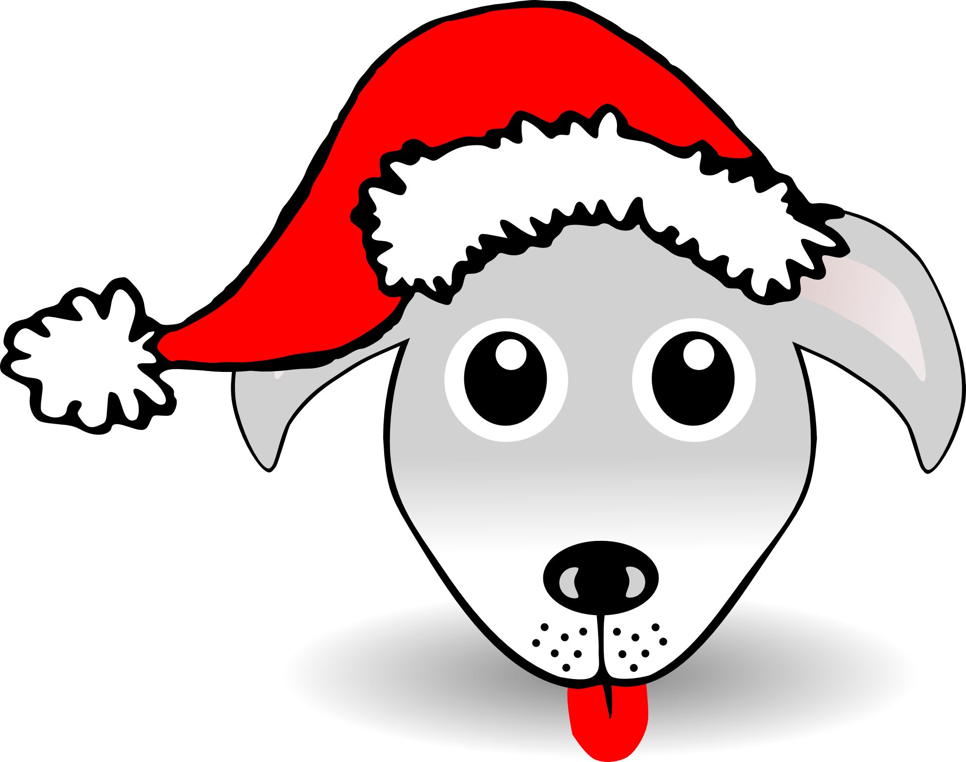 Gray cartoon dog wearing a red Santa hat with white trim and pom-pom, tongue out, cheerful expression.