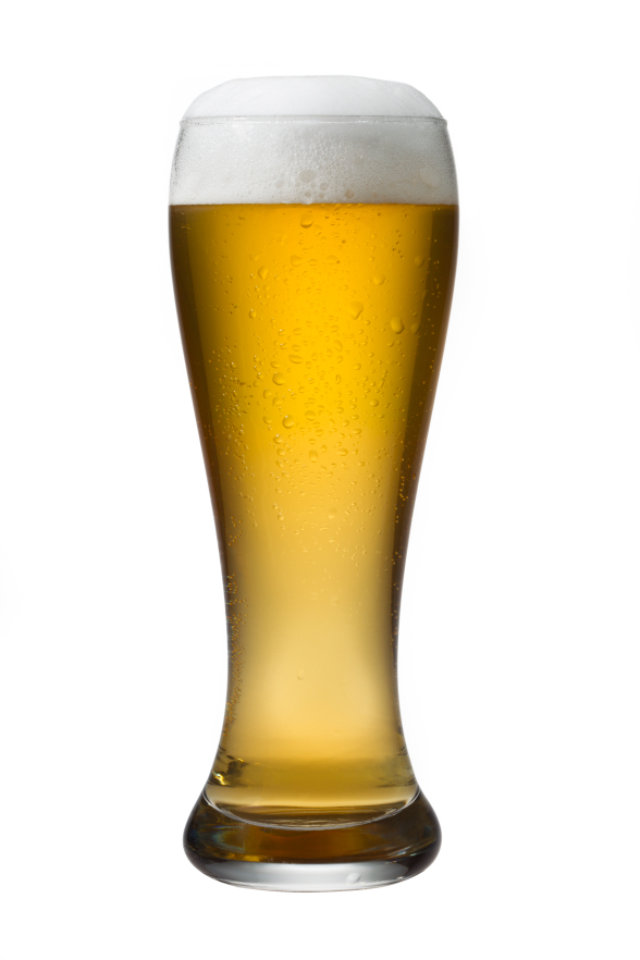 A tall, chilled glass of golden beer with frothy white head and condensation droplets on a white background.
