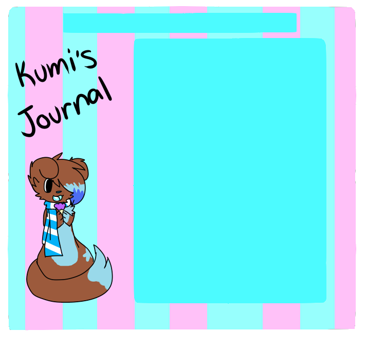 Kumi, a brown fox-like character with blue hair and scarf, sits beside a pastel-striped journal cover titled "Kumi's Journal".