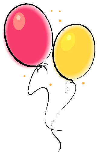 Two colorful balloons, one pink and one yellow, floating against a black background with small orange dots.