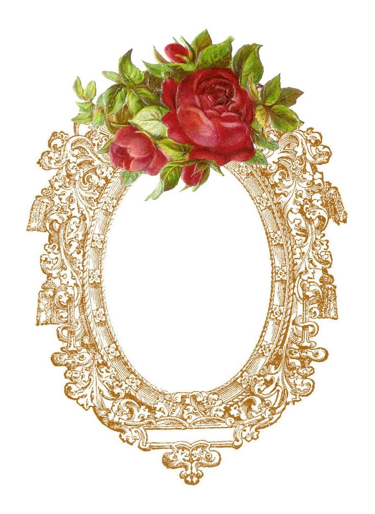 Ornate gold oval frame with red roses and green leaves at the top, vintage decorative design.
