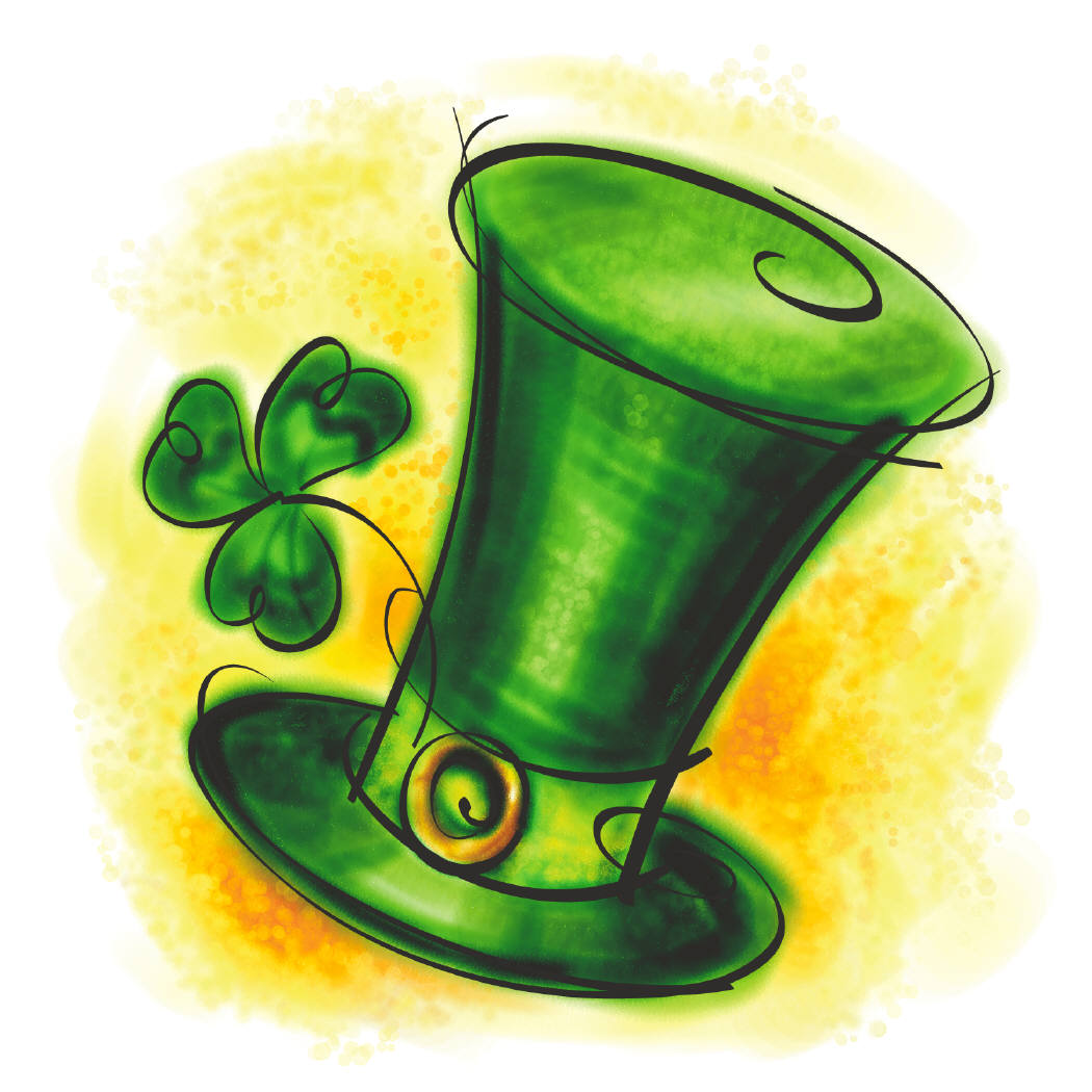 A vibrant green leprechaun top hat with a gold buckle and shamrock, set against a glowing yellow background.