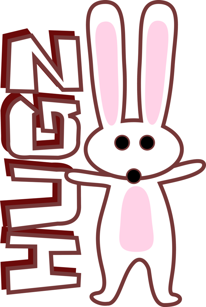 Cartoon bunny with pink ears and belly, arms outstretched beside bold "HUGZ" text in red outline.