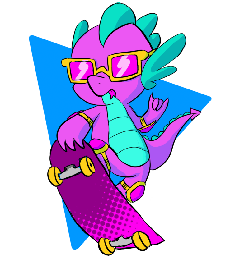 A cool purple dragon with teal spikes and yellow sunglasses rides a pink skateboard against a blue star background.