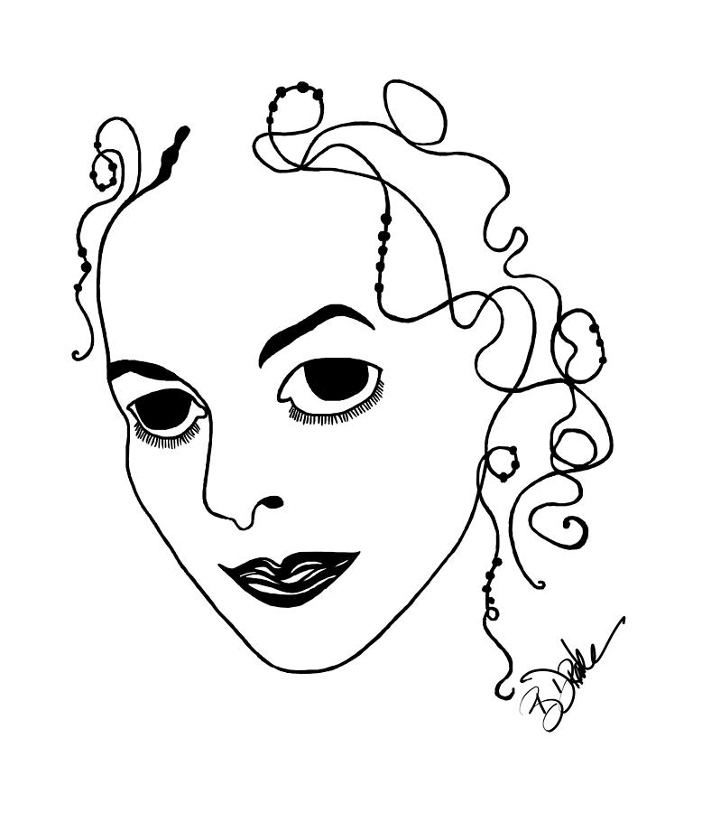 Stylized black-and-white line art portrait of a woman with ornate curly hair, expressive eyes, and bold lips, signed by the artist.