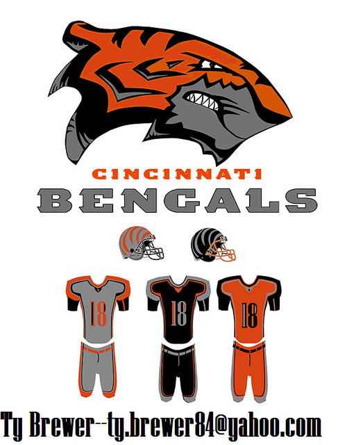 Cincinnati Bengals logo with tiger head mascot and three uniform designs (gray, black, orange) plus helmets.