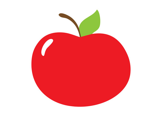 Bright red apple with green leaf and stem, glossy surface highlight, flat vector illustration on white background.