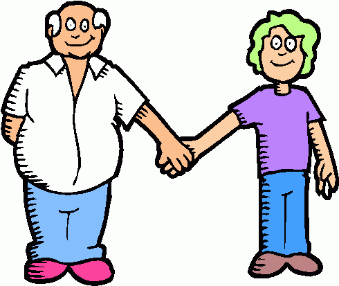 A smiling older man and younger woman holding hands, symbolizing intergenerational connection and care.