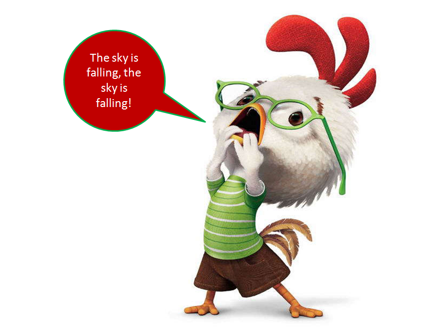 Animated chicken character with green glasses and striped shirt shouting "The sky is falling!" in panic.