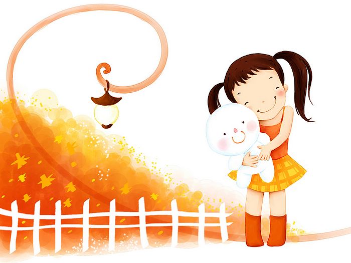 Cozy Autumn Illustration - Girl Hugging Plush Toy in Fall Setting