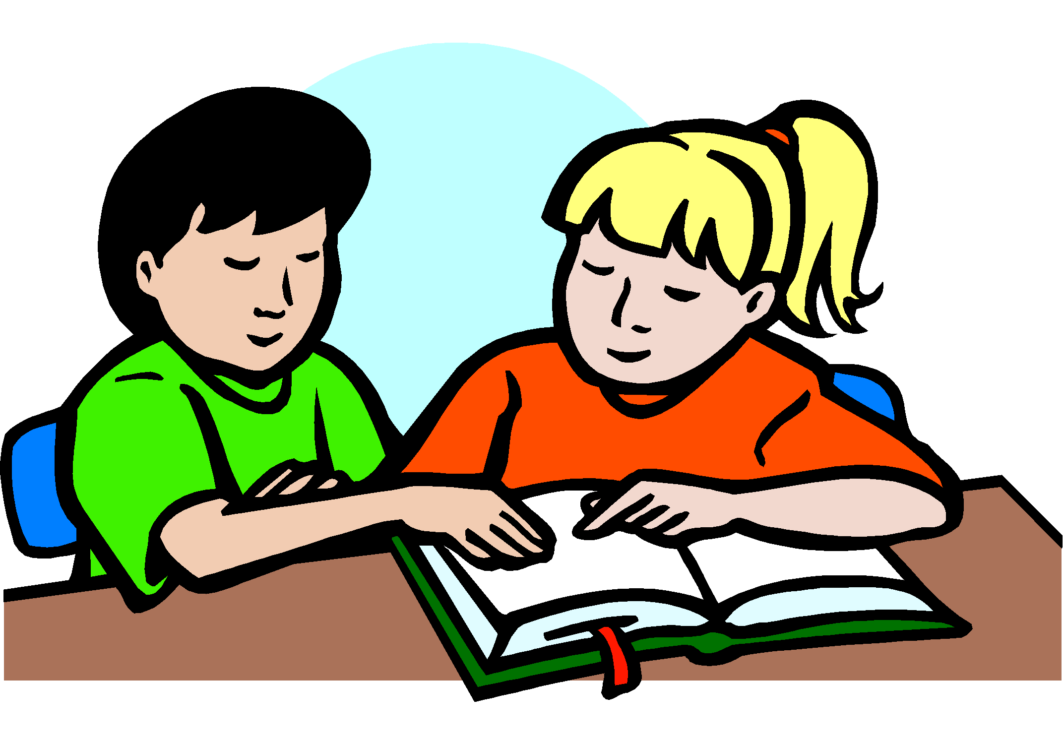 Two children reading a book together at a desk, smiling and engaged in shared learning.