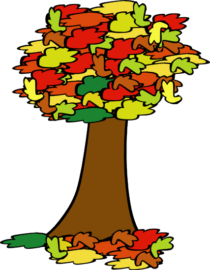 Colorful autumn tree with red, orange, yellow, and green leaves and fallen foliage on the ground.