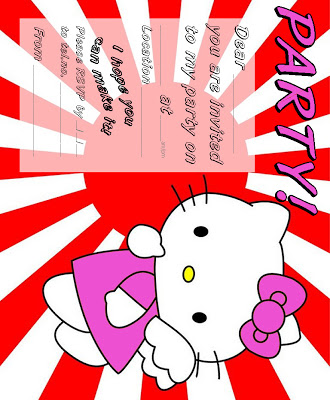 Hello Kitty party invitation with pink dress, bow, and red sunburst background.
