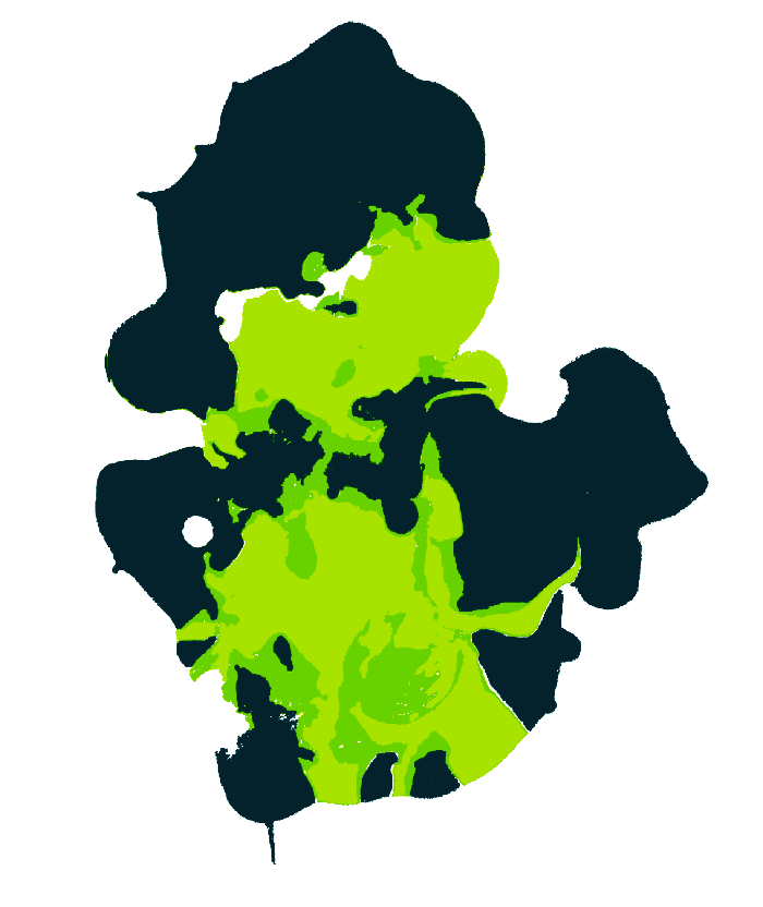Abstract green and dark teal organic shape composition on white background, resembling cellular or ecological patterns.
