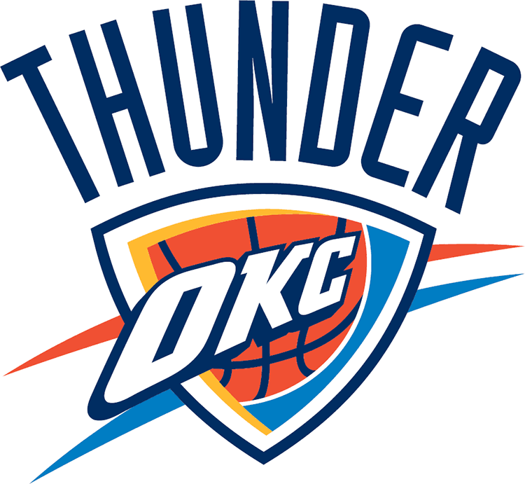 Oklahoma City Thunder NBA team logo featuring "THUNDER" arched above a shield with "OKC" and basketball design.