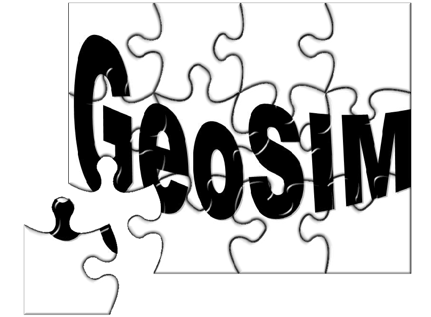 Black "GeoSIM" text overlaid on a white jigsaw puzzle with one piece missing, symbolizing incomplete geographic data integration.