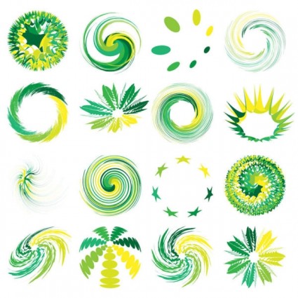 Collection of 16 green and yellow abstract eco-themed vector icons featuring swirls, leaves, stars, and circular motifs.