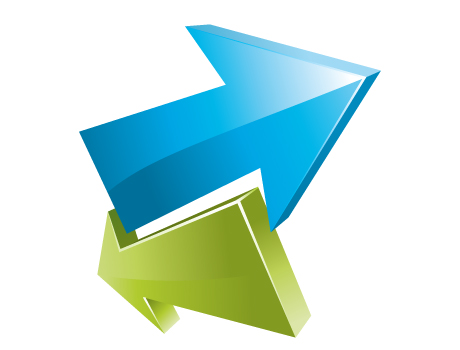 Blue and green 3D arrows intersecting in opposite directions, symbolizing data exchange or bidirectional flow.