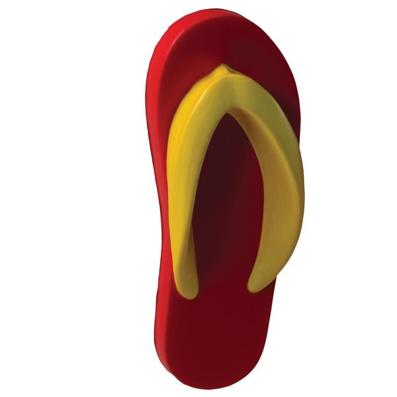 Red flip-flop with yellow strap, isolated on white background