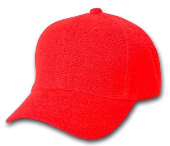 Bright red structured baseball cap with curved brim and six-panel design, isolated on white background.