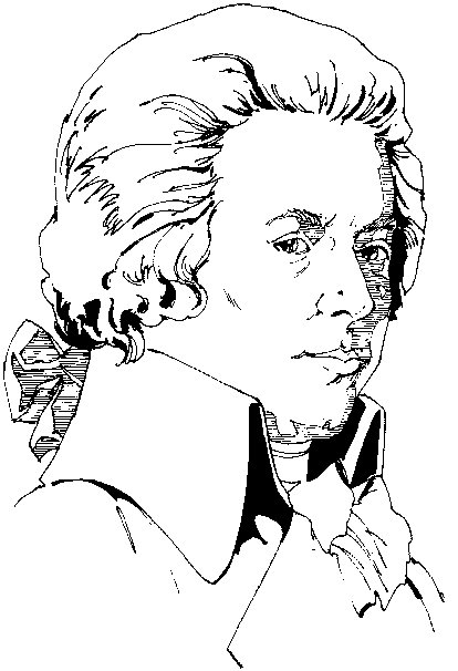 Black-and-white line drawing of Ludwig van Beethoven in profile, featuring his iconic curly hair and formal 19th-century attire.