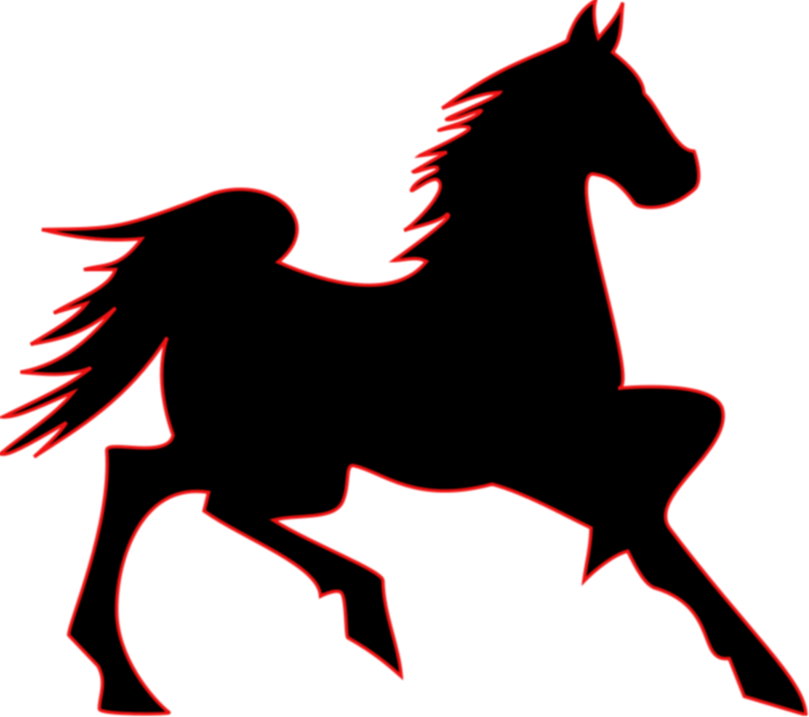Red neon-style outline of a galloping horse on black background