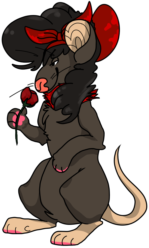 A stylized anthropomorphic black rat with red devil horns, holding a red rose while wearing a red bandana and scarf.
