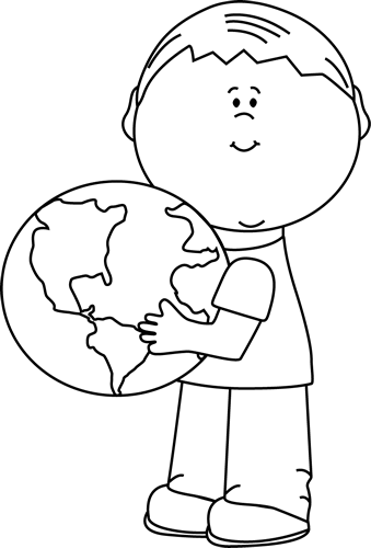 Black and White Boy Hugging Earth Clip Art - Black and White Boy 
