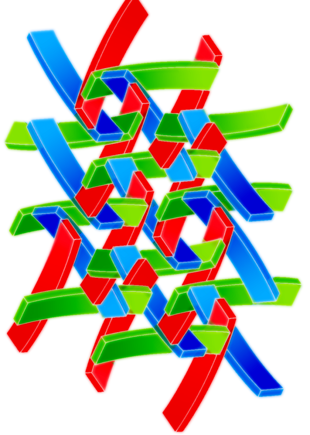 Abstract 3D geometric shapes in red, blue, and green interwoven in dynamic, overlapping layers against a white background.