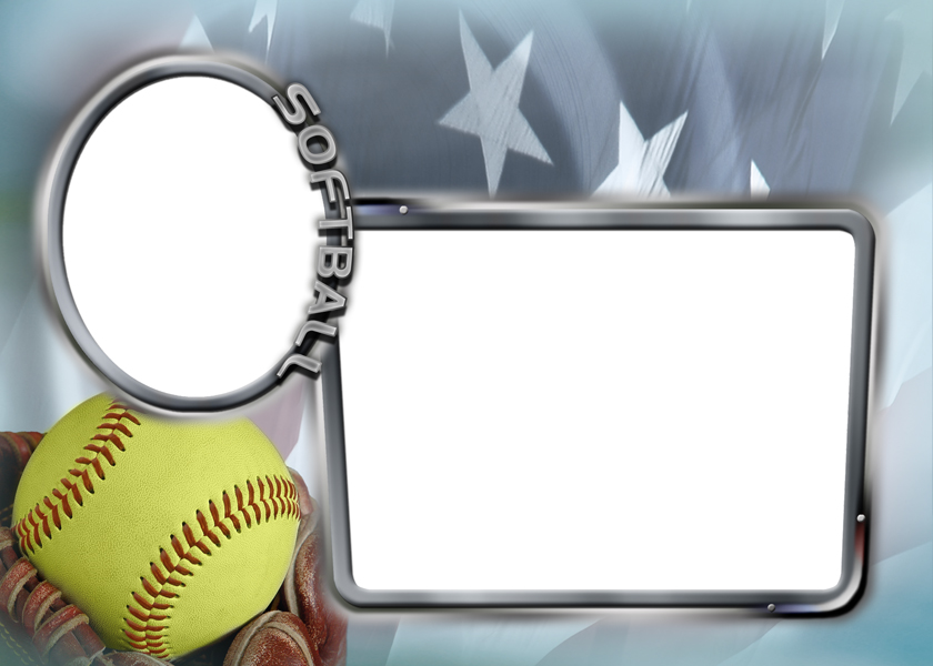 Yellow softball in leather glove beside metallic frames with "SOFTBALL" text and star-patterned background.