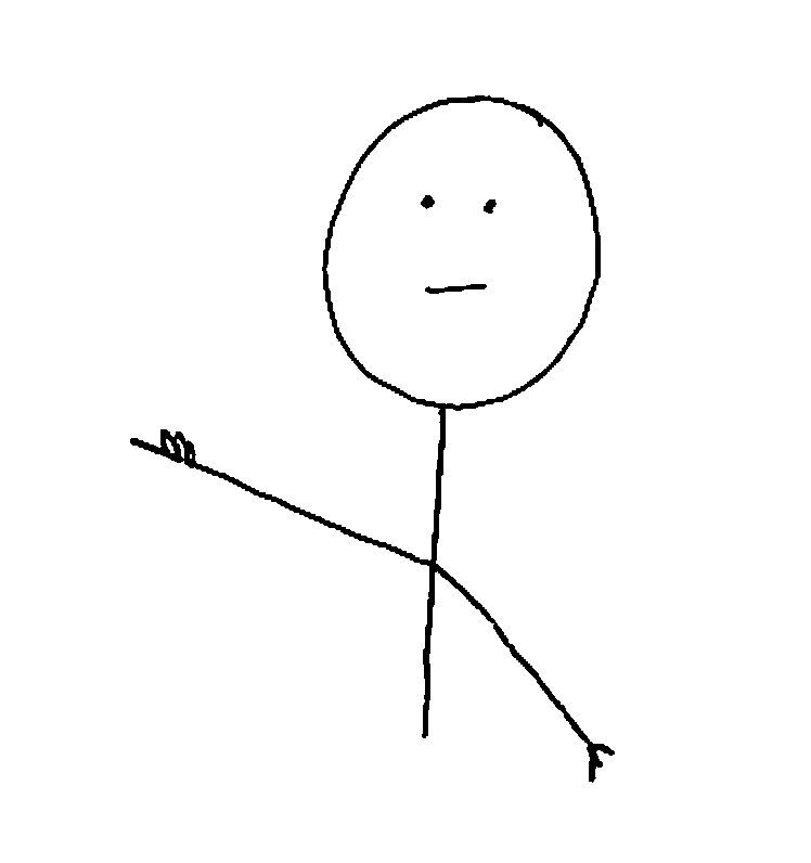 Simple stick figure with round head, dot eyes, straight mouth, and outstretched arms pointing left and right.