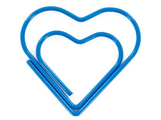 Blue heart-shaped paperclip with nested smaller heart, isolated on white background.