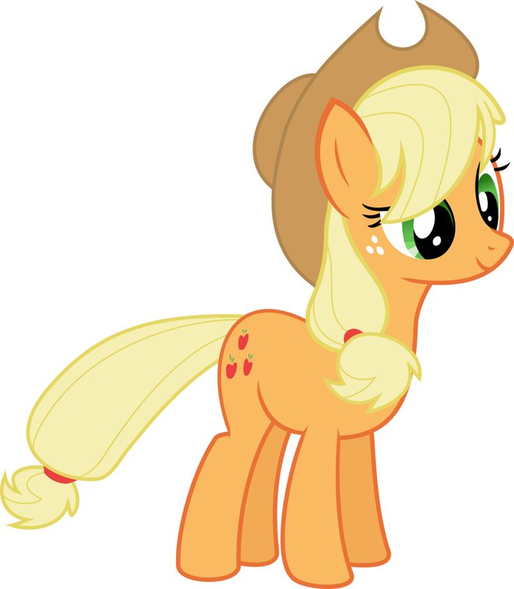 Applejack, a tan pony with blonde mane and tail, wearing a brown cowboy hat and red apple cutie mark.