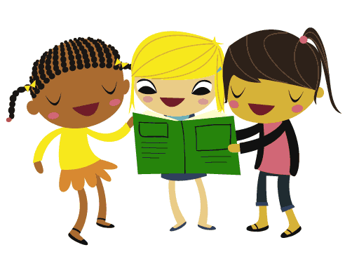 Three diverse girls smiling while reading a green book together.