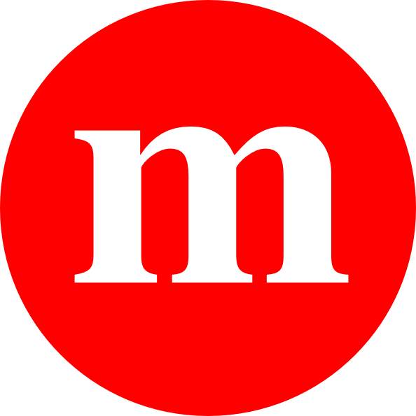 Red circular logo with white lowercase "m" in center, minimalist brand mark.
