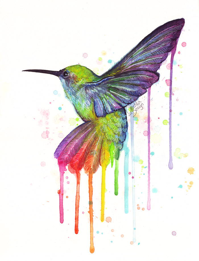 Vibrant watercolor hummingbird with rainbow-dripping wings and tail against white background.
