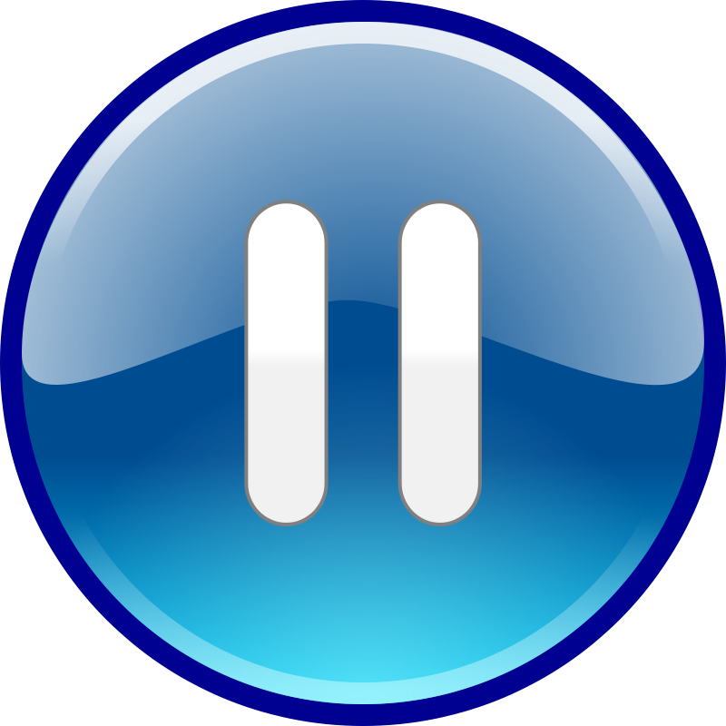 Blue glossy circular button with white pause symbol (two vertical bars)