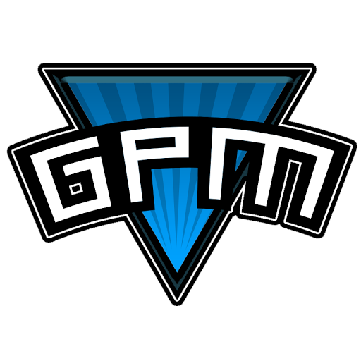 GPM logo featuring bold white letters over a blue radiant triangle with black outline.