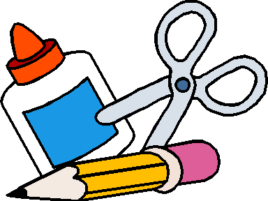Cartoon illustration of school supplies: glue bottle, scissors, and pencil with eraser.