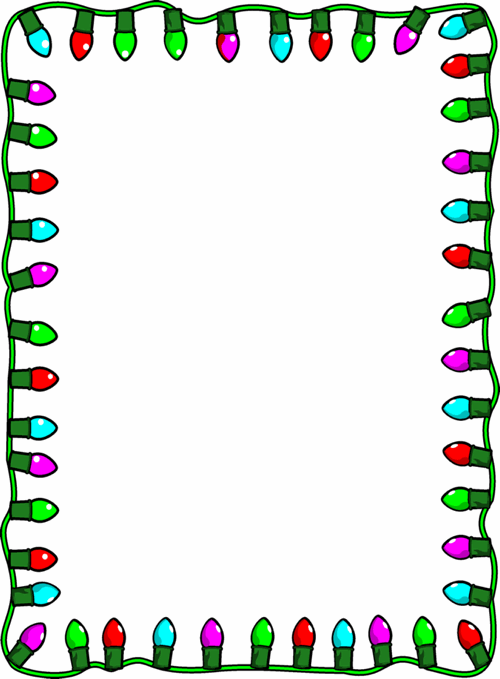 Colorful Christmas light border frame with red, green, blue, and purple bulbs on green wire.