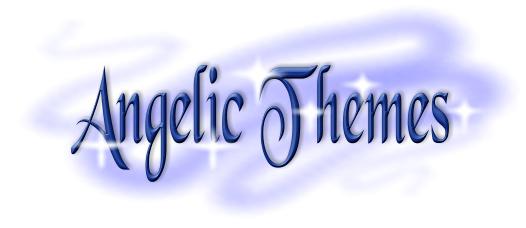 "Angelic Themes" text in elegant blue script with glowing stars and soft purple aura.