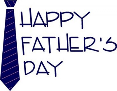 Blue striped tie beside handwritten "Happy Father's Day" text on white background.