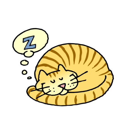 A cute orange tabby cat curled up asleep with a "Z" in a thought bubble above its head.