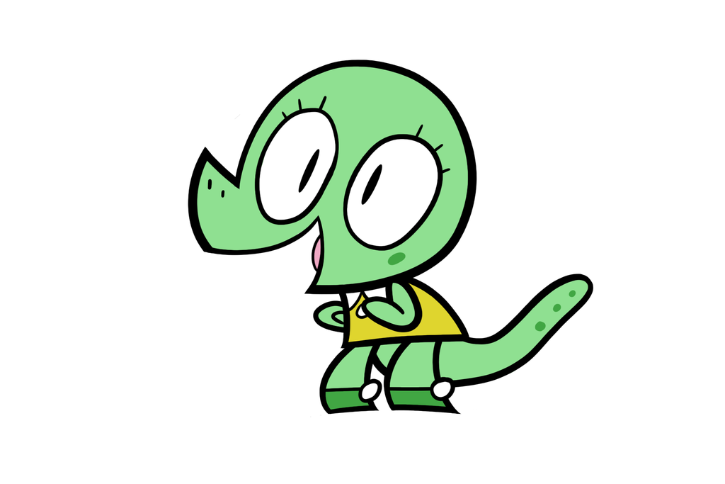 A cheerful green cartoon dinosaur with big eyes, wearing a yellow shirt and standing playfully on white background.
