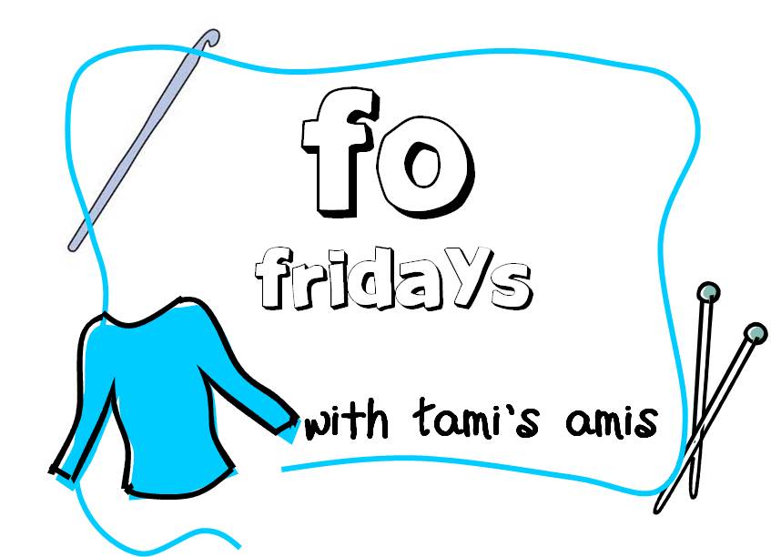 Hand-drawn illustration of "FO Fridays with Tami's Amis" featuring a blue sweater, crochet hook, and knitting needles inside a wavy blue border.