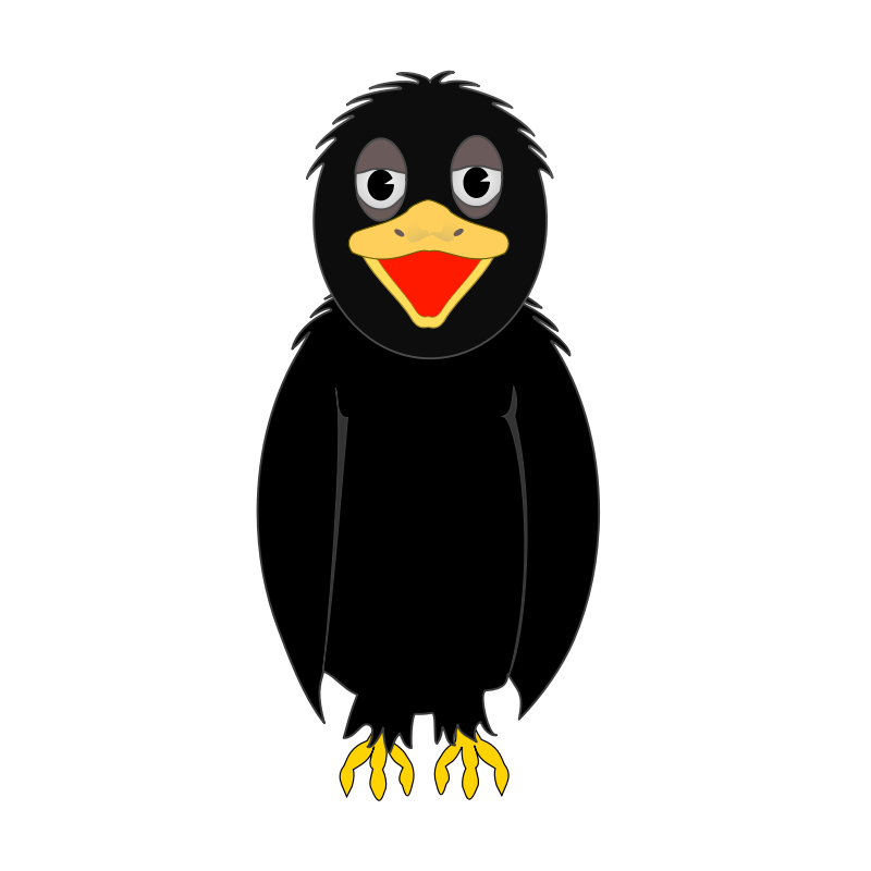 Friendly cartoon black bird with yellow beak, red tongue, and expressive eyes on white background.