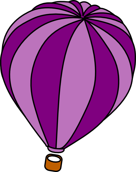 Purple and lavender striped hot air balloon with brown basket, cartoon-style illustration.