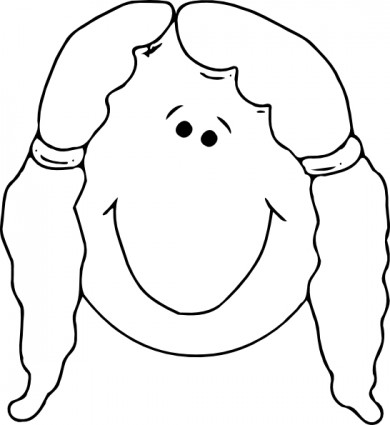 Smiling cartoon girl with pigtails and a cheerful expression, black-and-white line drawing.