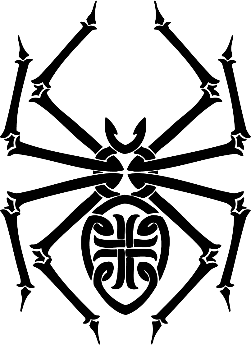 Stylized black tribal spider logo with symmetrical legs and ornate body design on white background.