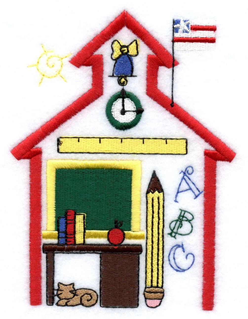 Embroidered schoolhouse with chalkboard, books, apple, pencil, clock, flag, and cat-symbolizing education and learning.